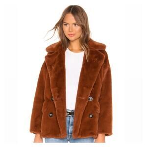 Free People Kate Faux-Fur Double Breasted Jacket Coat Terracotta Sz M Boho Teddy